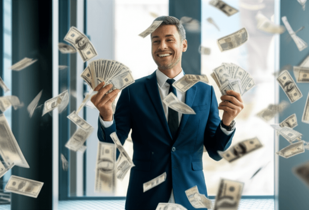 Businessman celebrating with money
