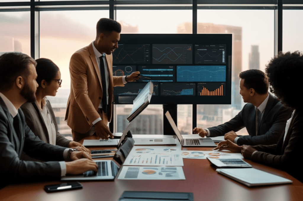 Business professionals reviewing documents in a meeting