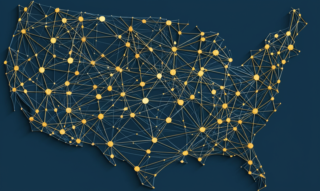 Multi-state tax planning visualization showing interconnected state tax systems and manufacturing operations across the United States